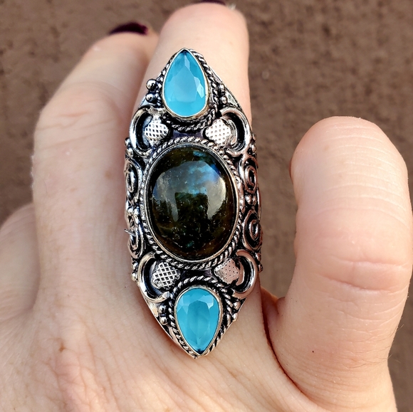 New Labradorite & Chalcedony 925 Silver Statement Ring. - Picture 1 of 15